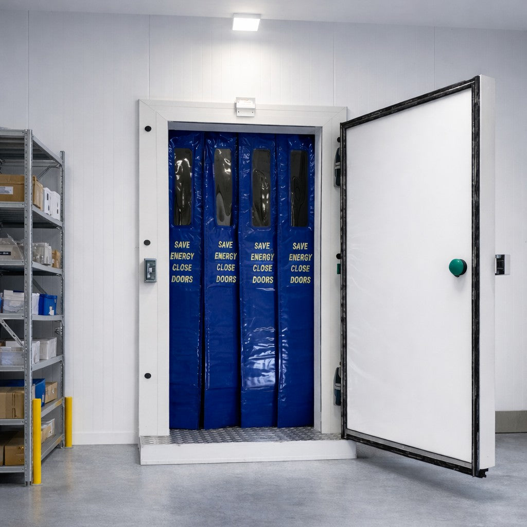 Cold storage door with blue insulation panels and 'Save Energy Close Doors' text, in a warehouse setting.
