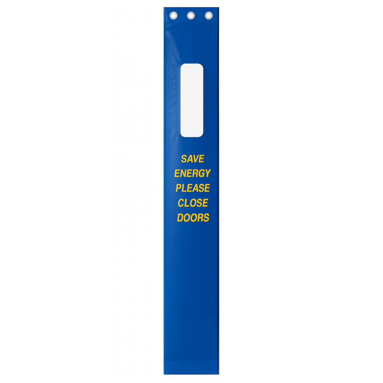 Blue door sign with yellow text 'Save Energy Please Close Doors' on a white background