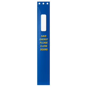 Blue door sign with yellow text 'Save Energy Please Close Doors' on a white background