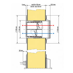 Technical cross-section diagram of a cylindrical mechanical component with dimension annotations in millimeters, including red and blue arrow lines indicating movement or fit.