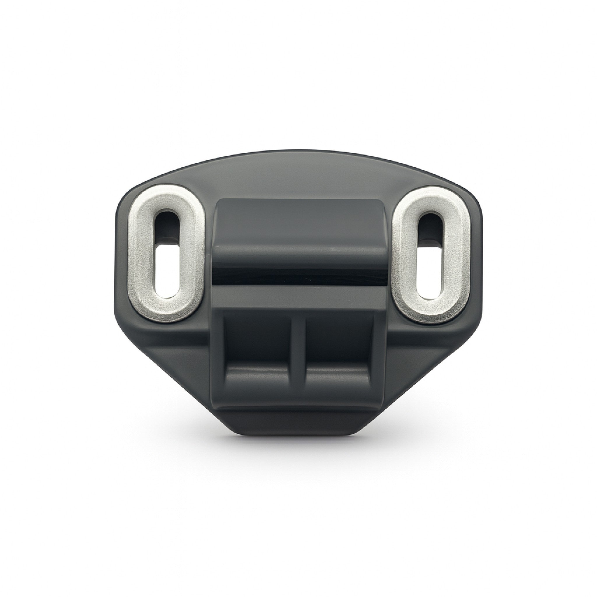 Black plastic component with two circular holes on a white background