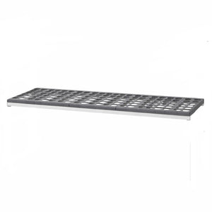 Gray metal grid shelf on a white background