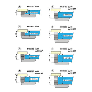 Technical diagram of various components with dimensions and codes