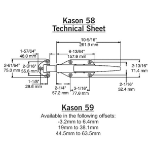 Kason 58 technical drawing with original imperial and metric dimensions and Kason 59 strike offsets