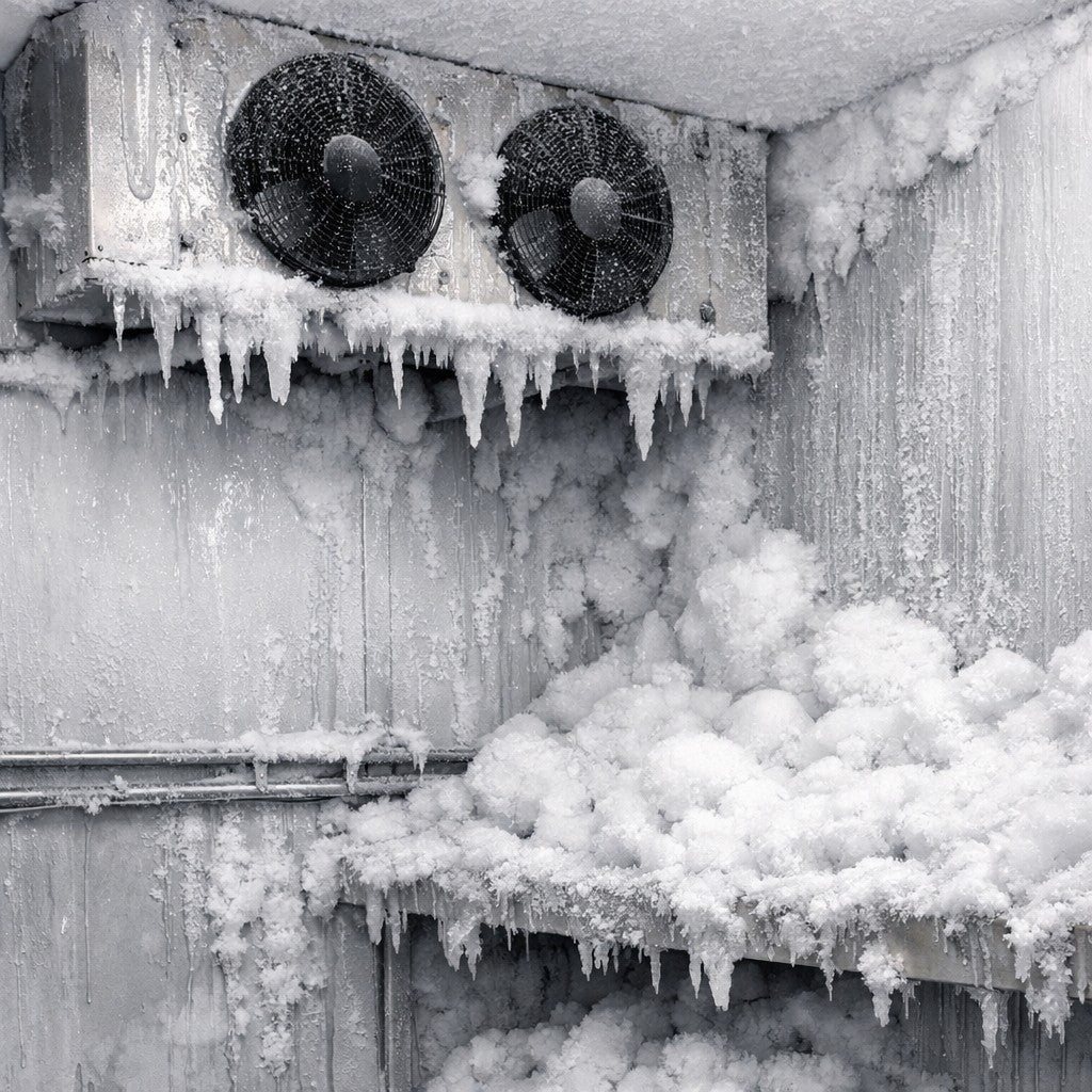 ice and frost build-up inside a commercial coldroom freezer — a common sign of condensation and insulation problems
