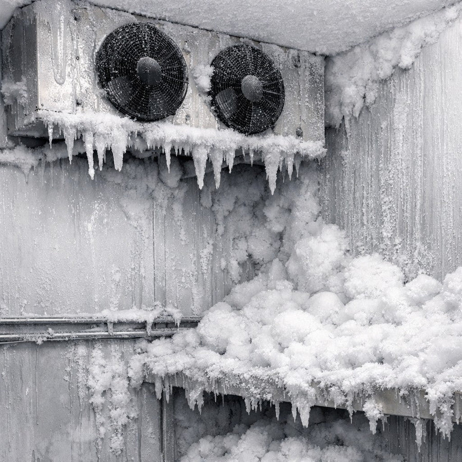 ice and frost build-up inside a commercial coldroom freezer — a common sign of condensation and insulation problems