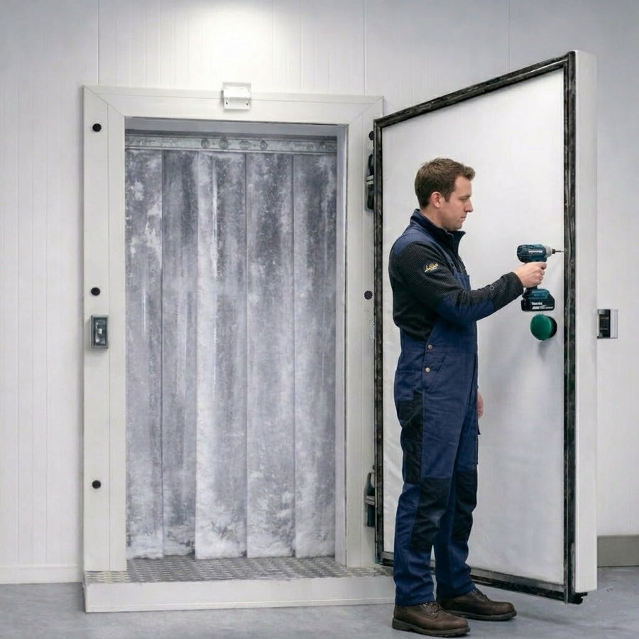 man fitting fermod 67 gasket to freezer coldroom door