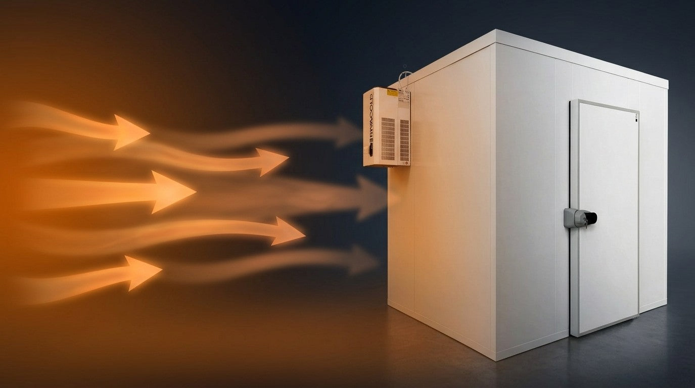 Comercial cold room unit with heat gain illustration as orange outside with heat energy arrows