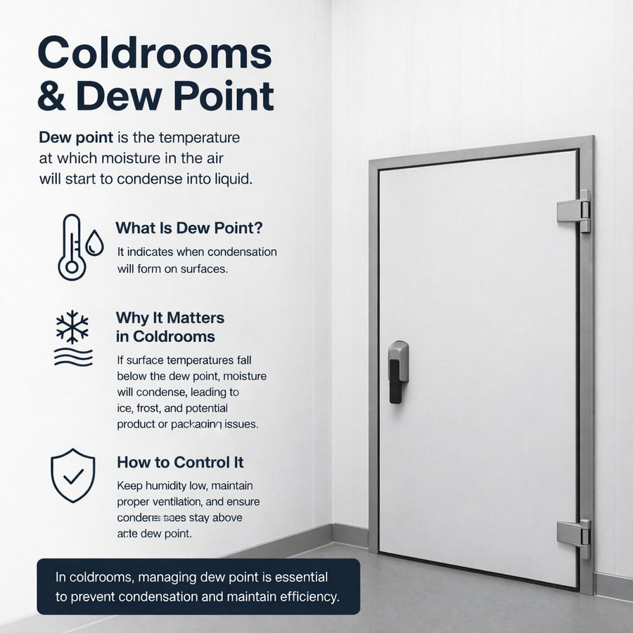 coldrooms and dew point image with text and coldroom door