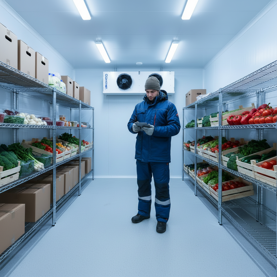 Man stood inside a coldroom checking what temperature it should be.