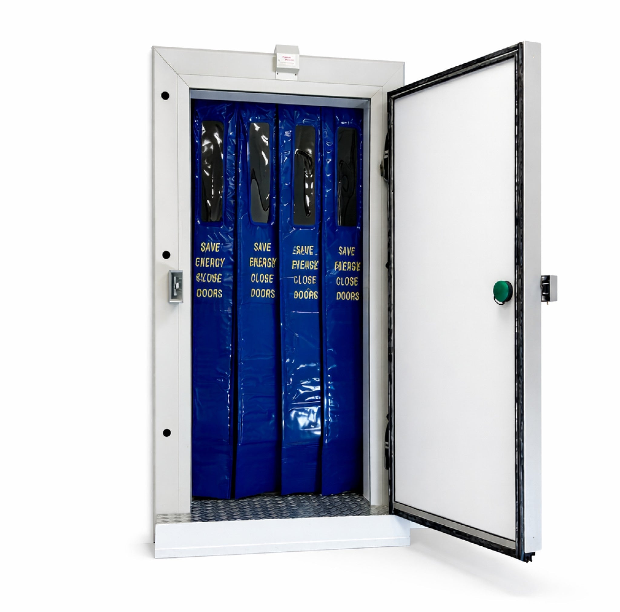 Image of coldroom door in open position with blue thermal strip curtain