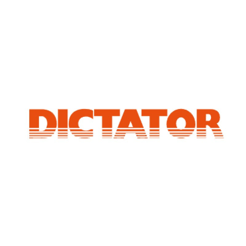 Dictator logo in red/orange text ALL CAPS