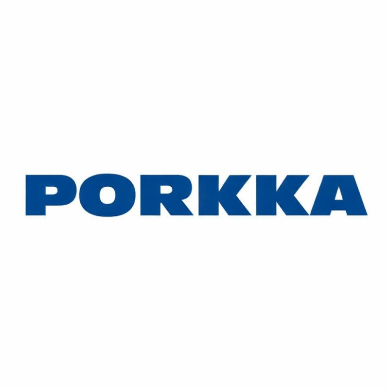 Porkka Logo in Blue all caps text.