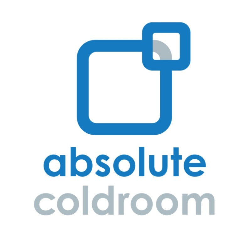 Absolute Coldroom logo in blue and grey. Blue square and blue and grey text