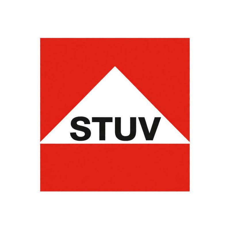 Stuv logo. Red square with white triangle and black font