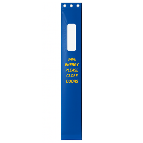 Blue door sign with yellow text 'Save Energy Please Close Doors' on a white background