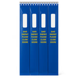 Blue energy-saving door sign with text 'Save Energy Please Close Doors' on a white background