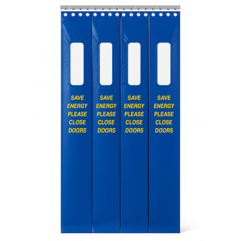Blue energy-saving door sign with text 'Save Energy Please Close Doors' on a white background