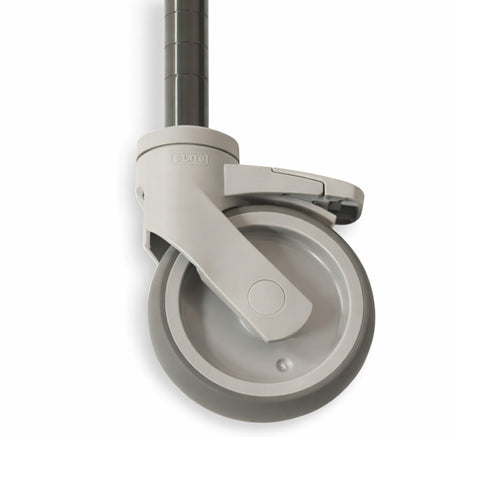 Gray caster wheel with brake on a white background