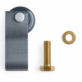 Metal roller, bolt, and washer on a white background