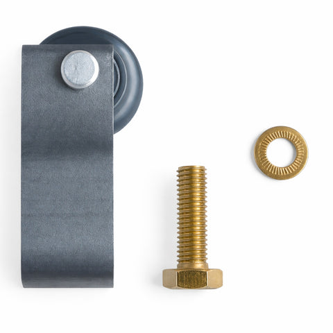 Metal roller, bolt, and washer on a white background