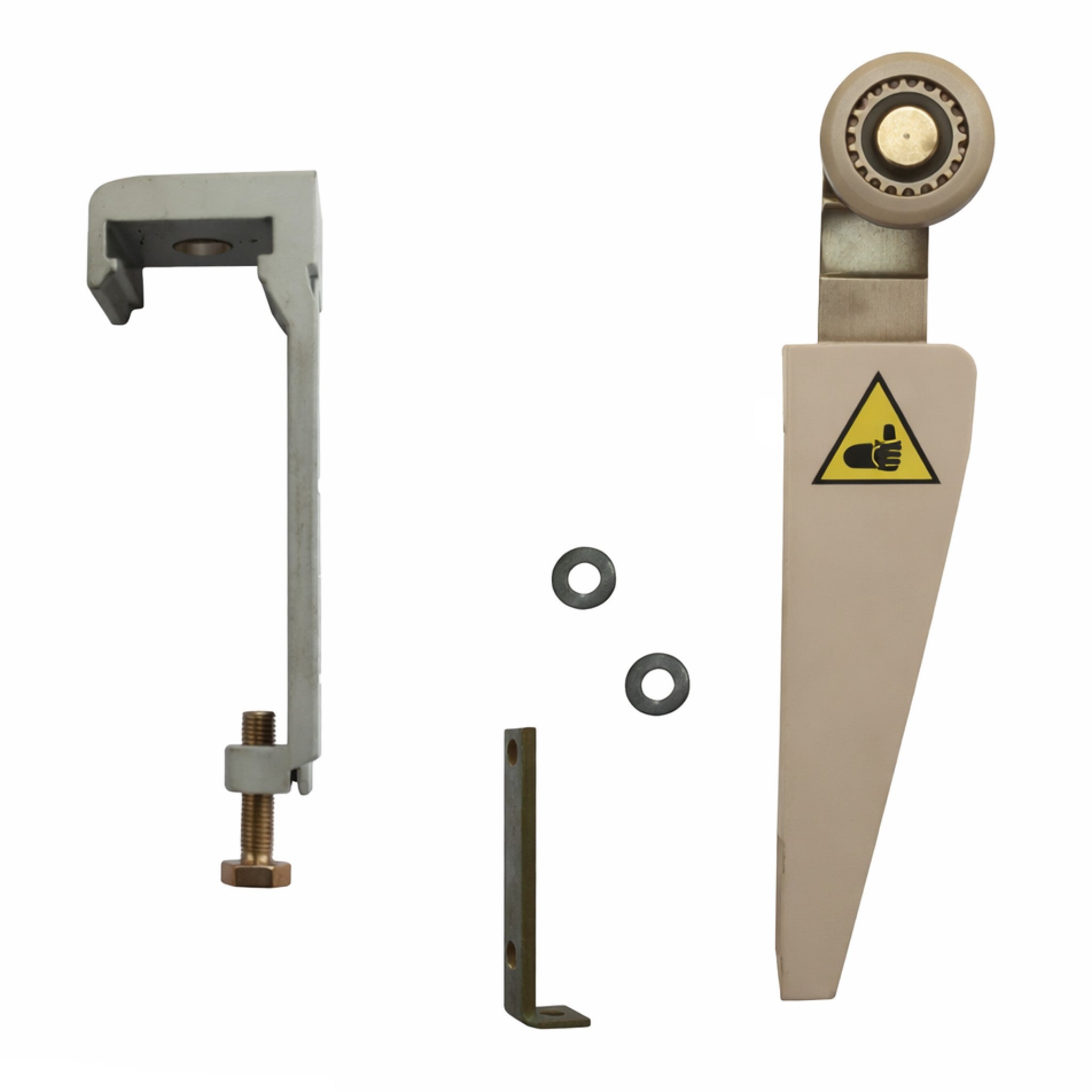 Mechanical components including a lever, gear, and warning label on a white background