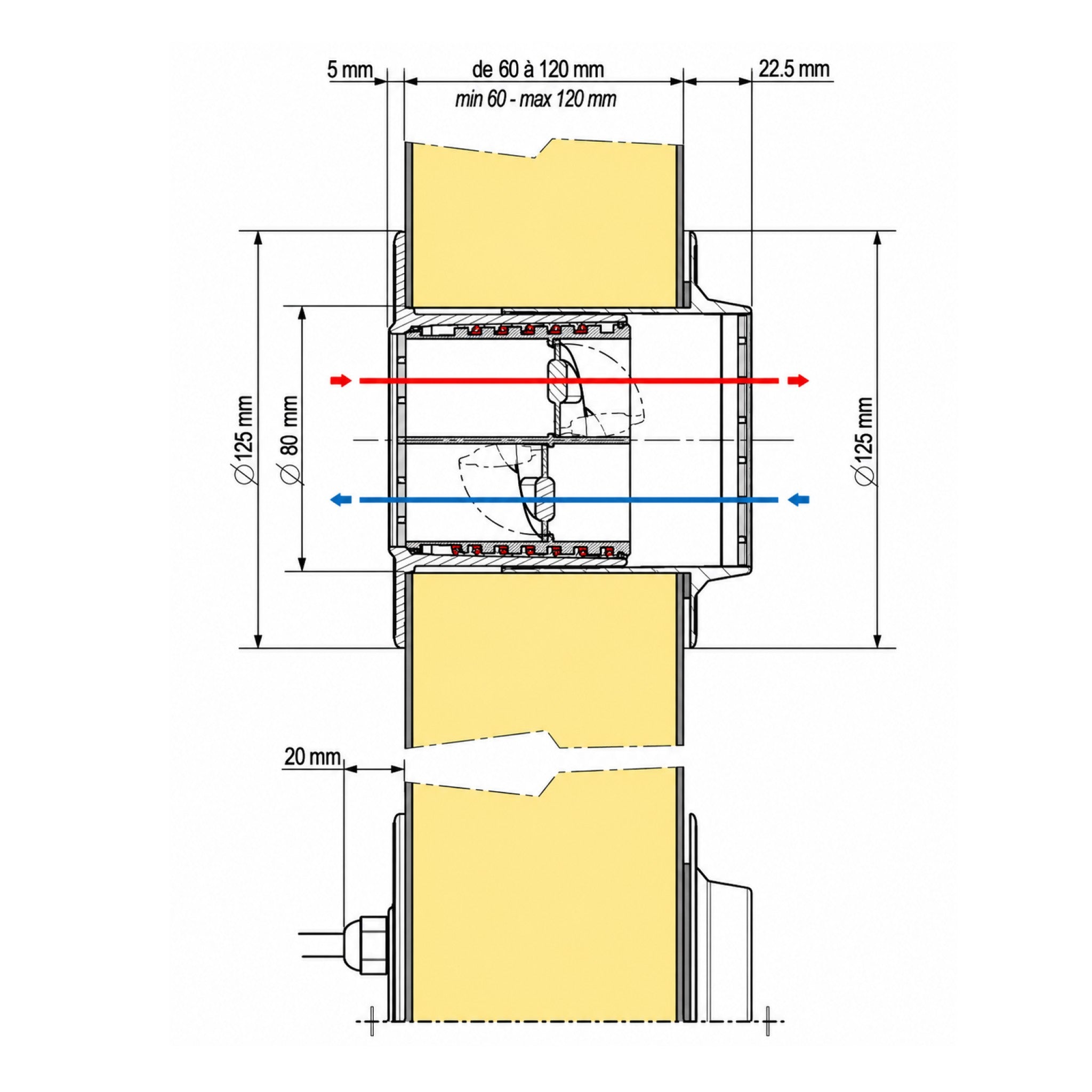 Technical cross-section diagram of a cylindrical mechanical component with dimension annotations in millimeters, including red and blue arrow lines indicating movement or fit.