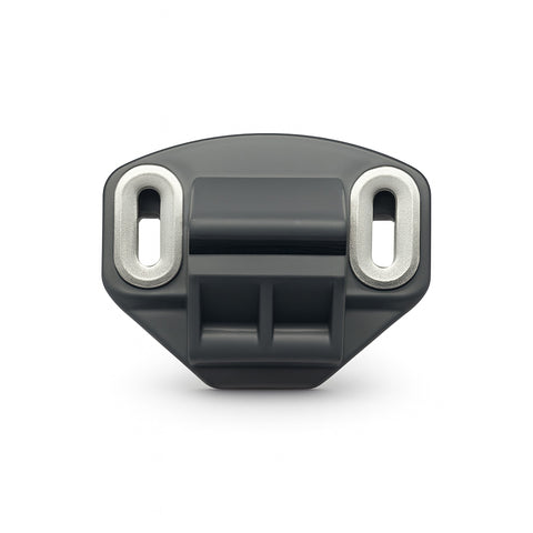 Black plastic component with two circular holes on a white background