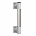 Metallic door handle with white plastic cover on a white background