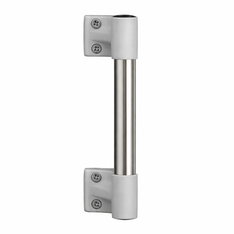 Metallic door handle with white plastic cover on a white background