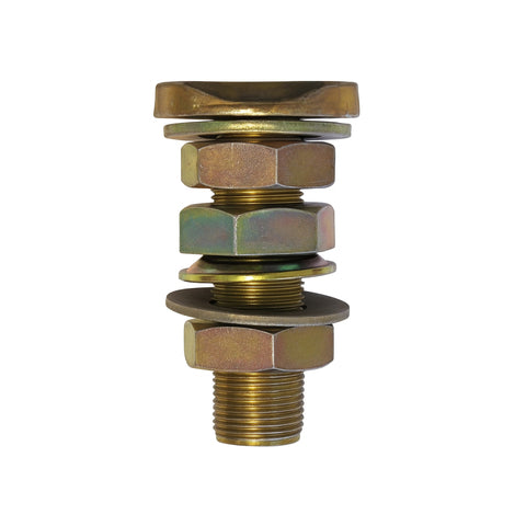 Brass mechanical fitting with multiple hex nuts on a white background