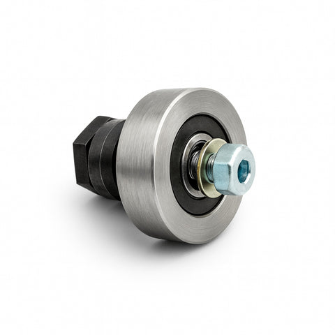 Metal pulley system on a white background