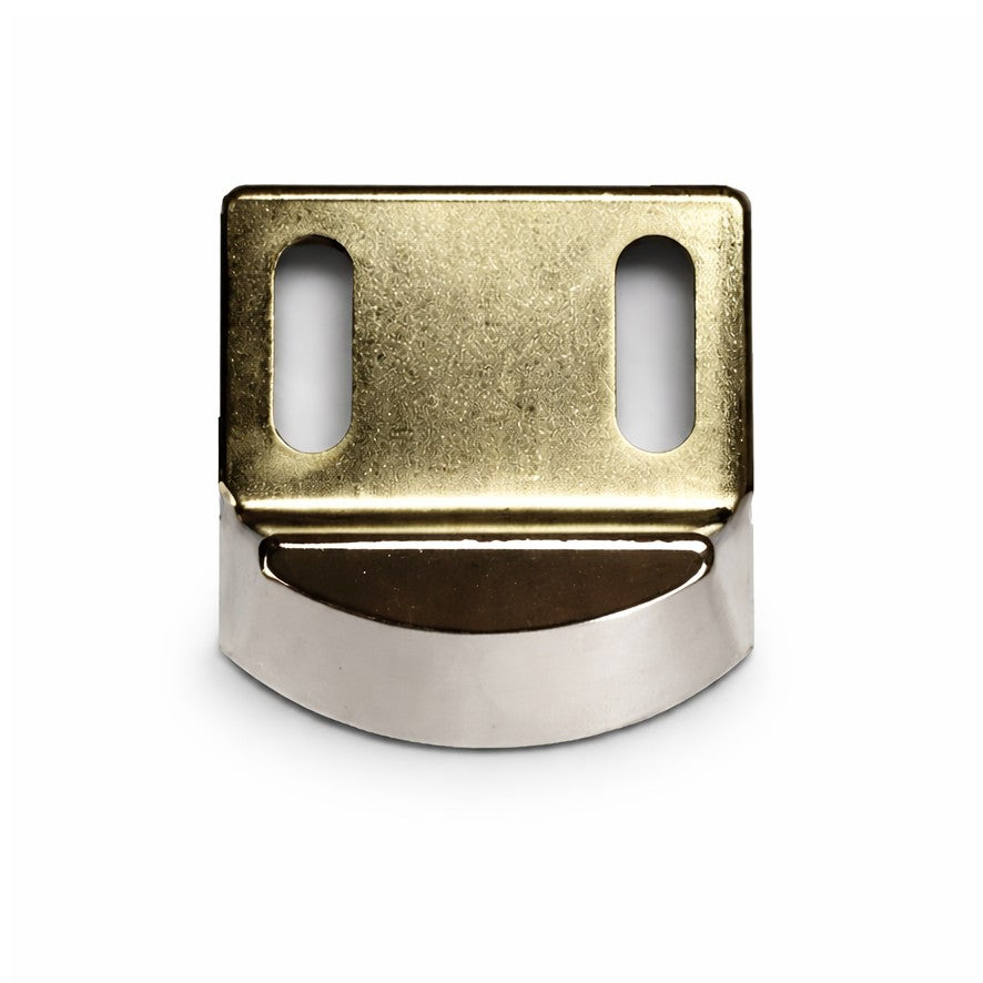 Metallic object with gold top and silver bottom on a white background