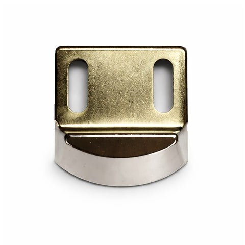 Metallic object with gold top and silver bottom on a white background