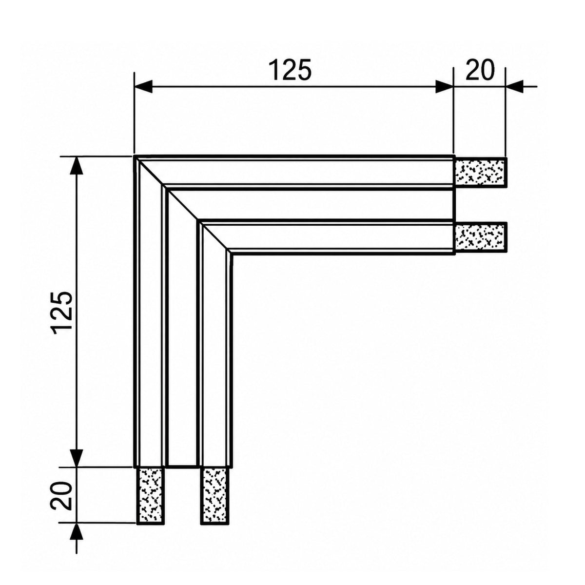 Technical dimension drawing of an L-shaped 4453 Fermod gasket  profile or corner section with arrows and measurements labeled 125, 20, and 20 on a white background.