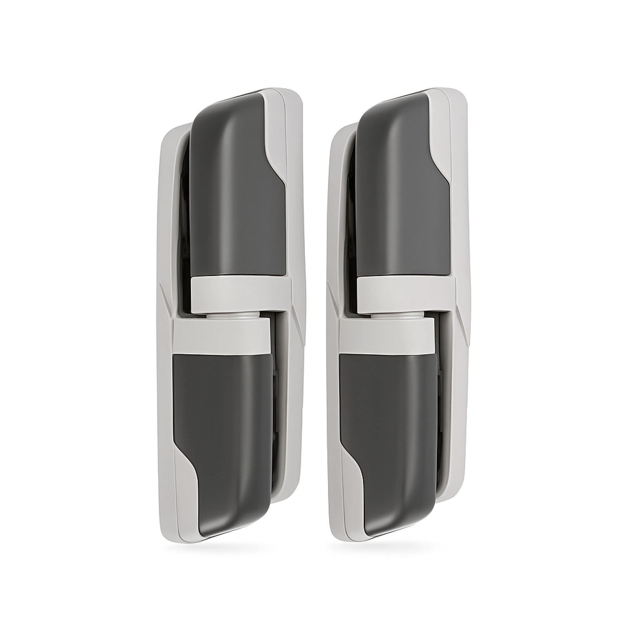 A pair of Fermod 471HP Rising Cold Room Door Hinge in light and dark grey composite 