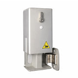 Metallic door lock mechanism with a warning label on a white background. Fermod 57/09 Sliding Door Lock - Absolute Coldroom