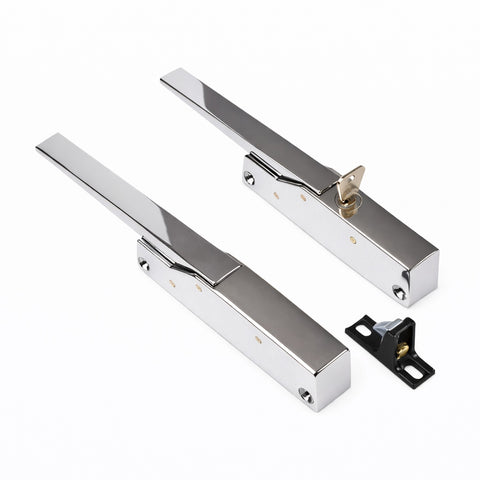 Chrome door handle and lock set on a white background