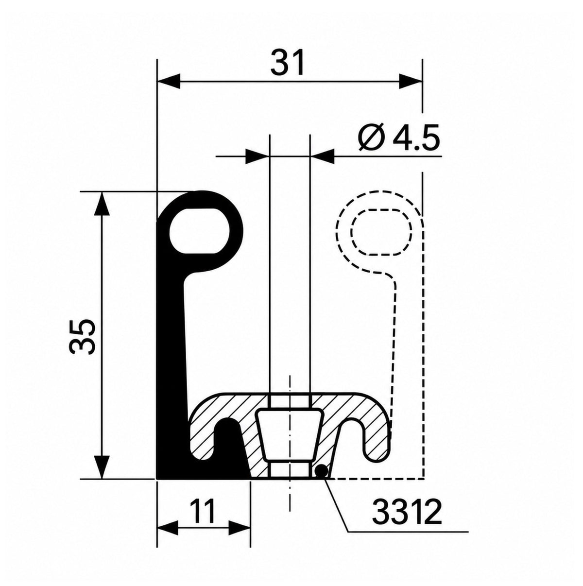 technical drawing of fermod 8511 sliding door gasket including 3312 retaining strip in profile