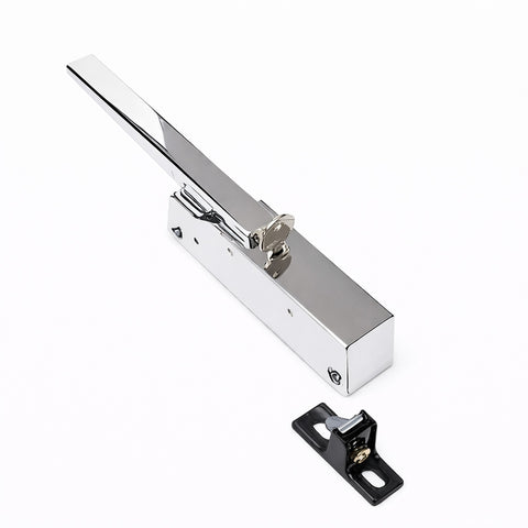 Metal door handle and lock mechanism on a white background