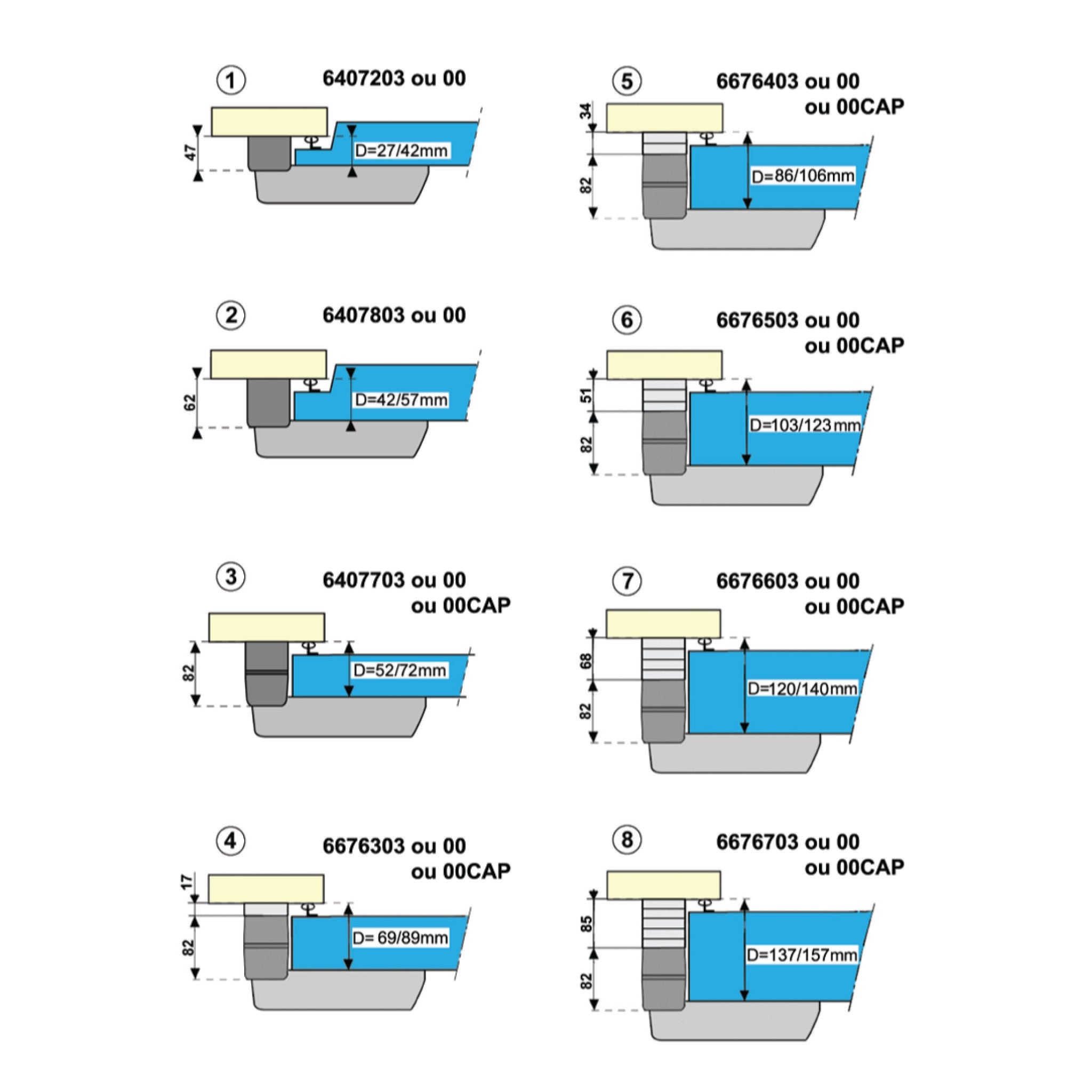 Technical diagram of various components with dimensions and codes