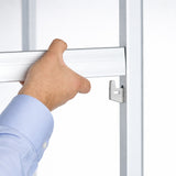 Hand holding a white bracket against a white background