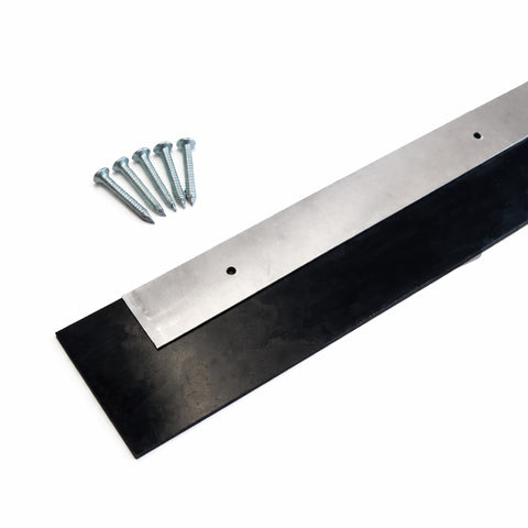 Long metal strip with black rubberized surface and screws on a white background
