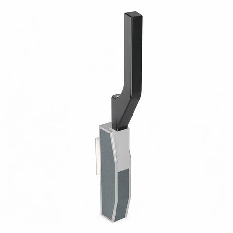 An Intertechnica 1800 Series handle, featuring a black grip and silver body, designed for overlapping doors with an automatic fastener.