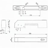Technical drawing of a mechanical component with dimensions and details
