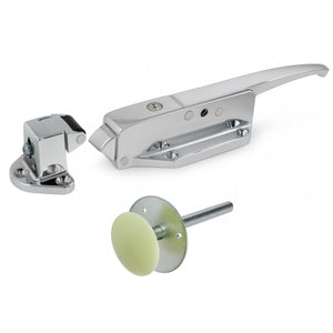 Chrome door handle set with a green doorknob on a white background