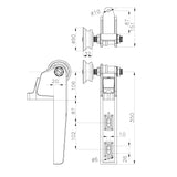 Technical drawing of a door handle assembly with dimensions