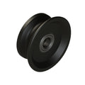 A black metal pulley wheel designed for a sliding coldroom door, with visible bearing in the centre.