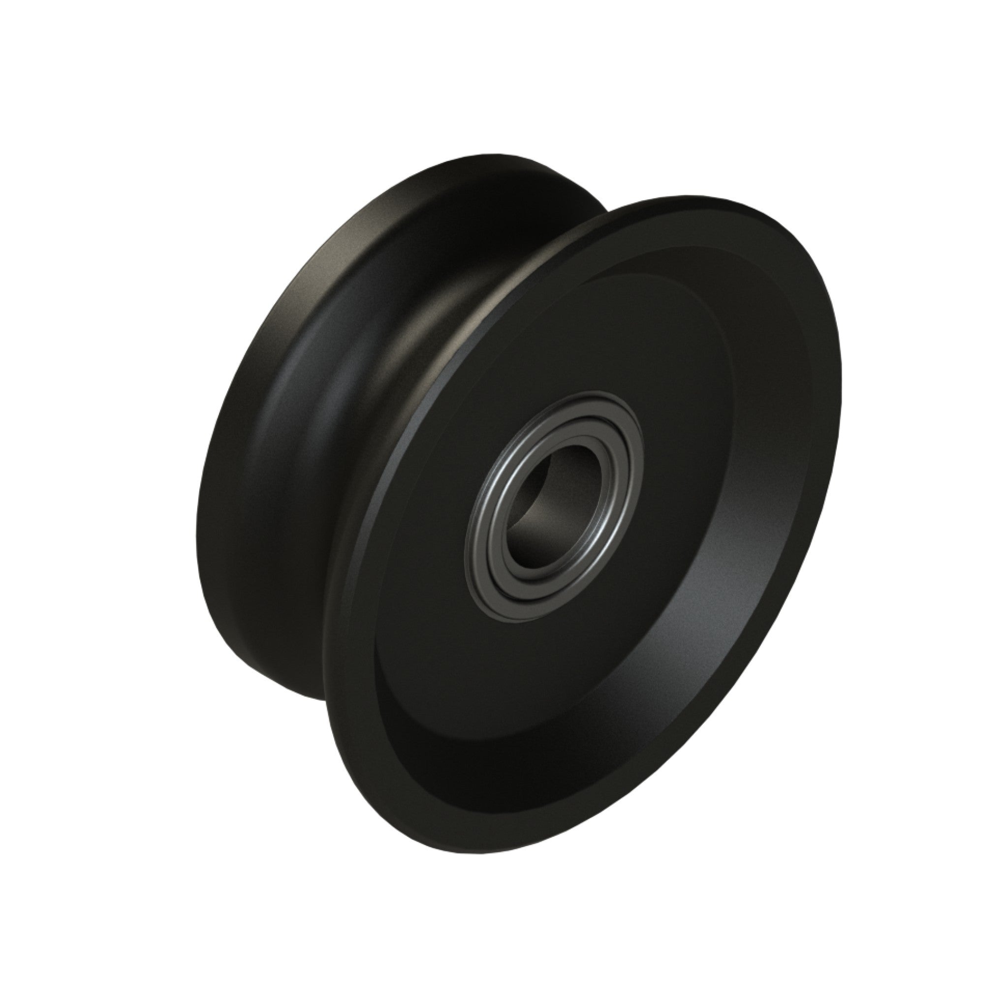 A black metal pulley wheel designed for a sliding coldroom door, with visible bearing in the centre.