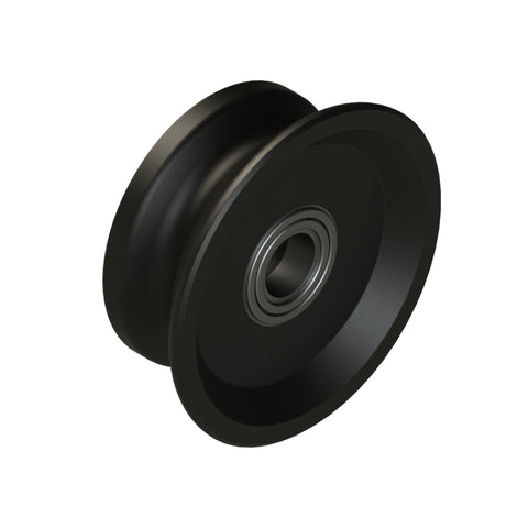 A black metal pulley wheel designed for a sliding coldroom door, with visible bearing in the centre.